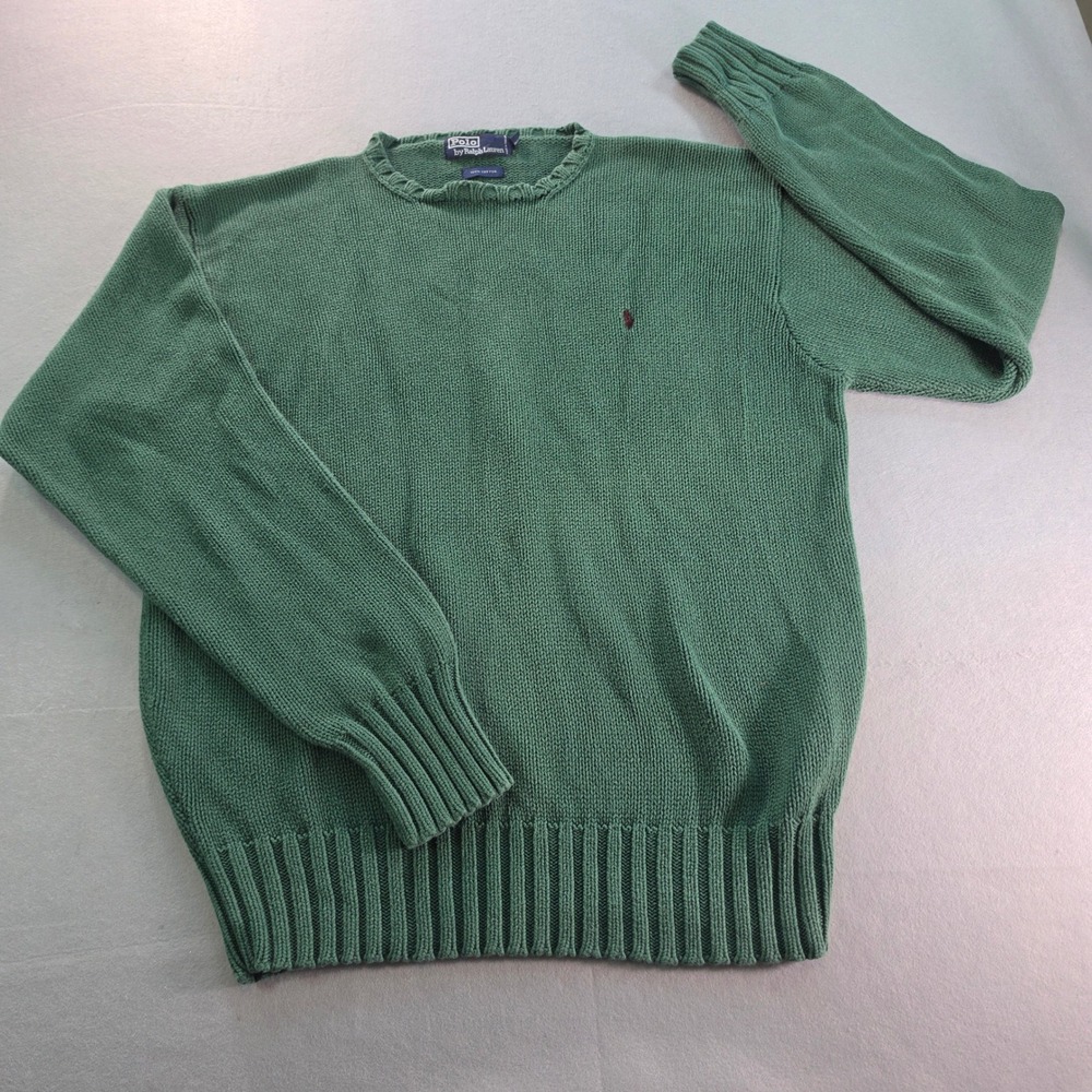 Polo Ralph Lauren Mens Green Cotton Shaker Knit Sweater L Pony Preppy Classic